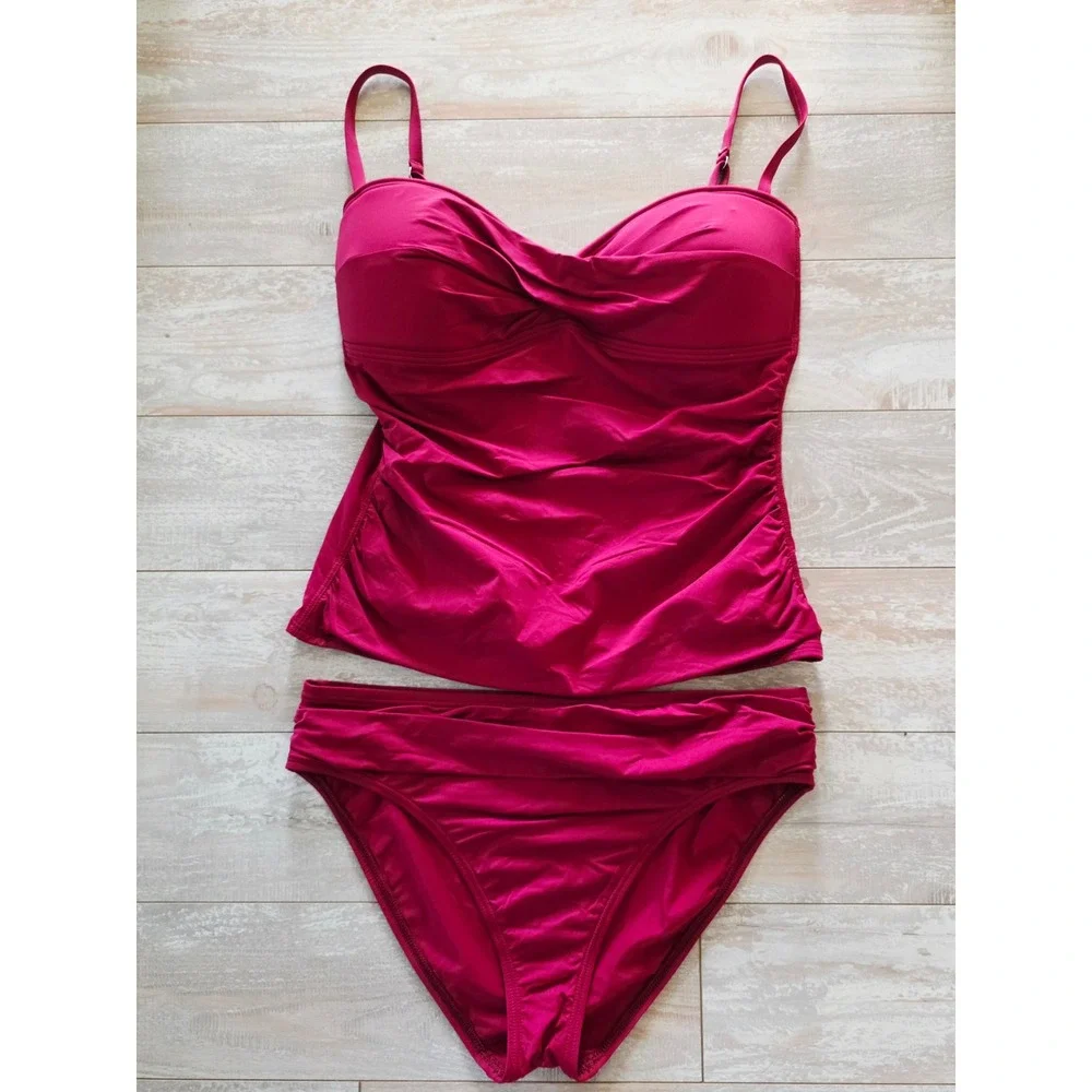 Tommy Bahama M/L Ruched Tankini Top and Bikini Bottom Swimsuit Set Magenta